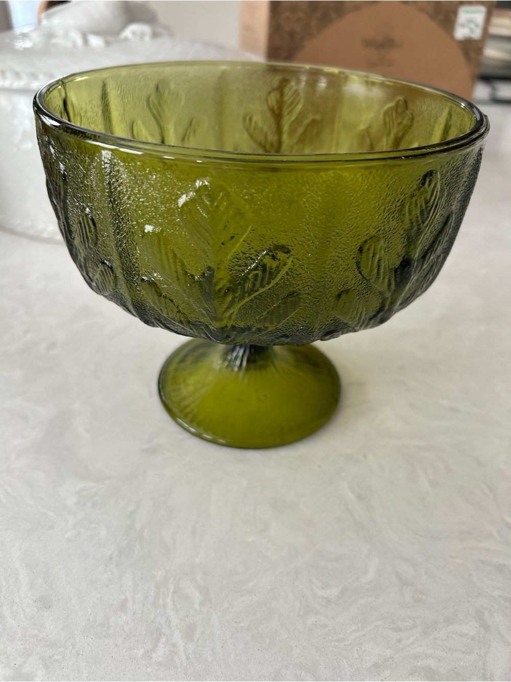 Vintage FTD 1978 Green Depression Glass Footed Pedestal Bowl Oak Leaf Pattern